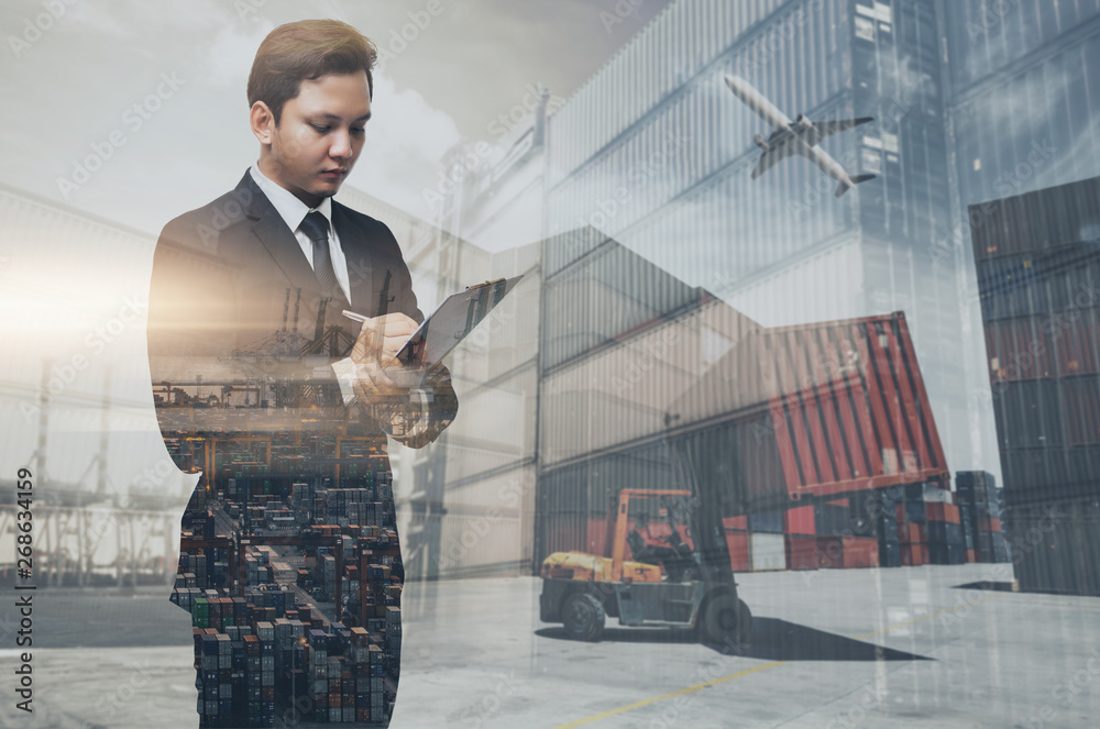 Double exposure of a businessman working and logistic Import Export Background.