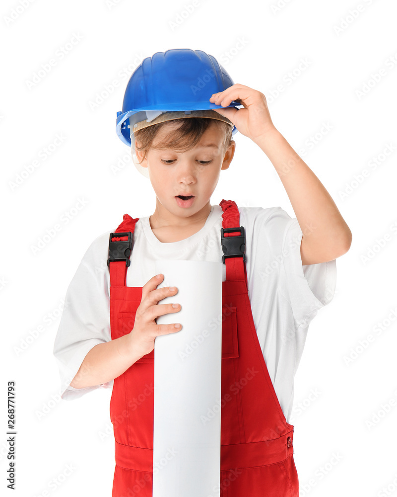 Portrait of little engineer on white background