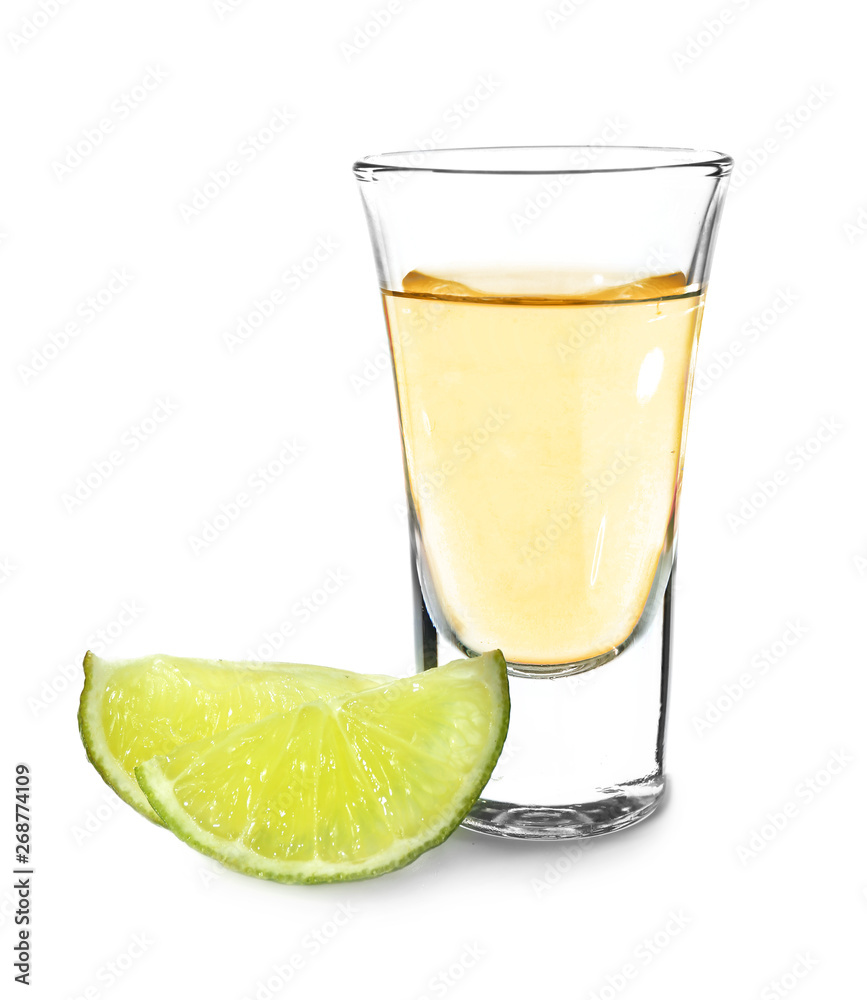 Shot of tequila on white background