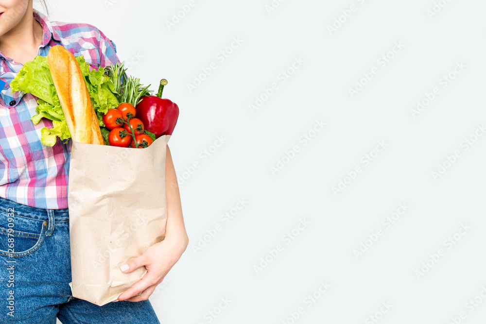 Smiling Happy Woman Enjoying Shopping Supermarket Holding Vegetables in Eco Friendly bag