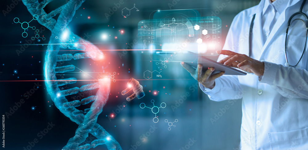 Abstract luminous DNA molecule. Doctor using tablet and check with analysis chromosome DNA genetic o