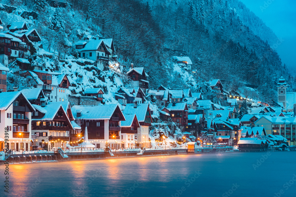 Twilight view of Hallstatt in winter, Salzkammergut, Austria