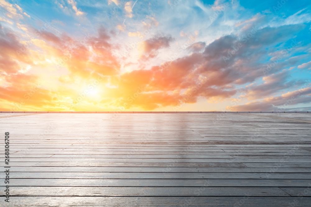 Wood square floor and beautiful sky at sunrise