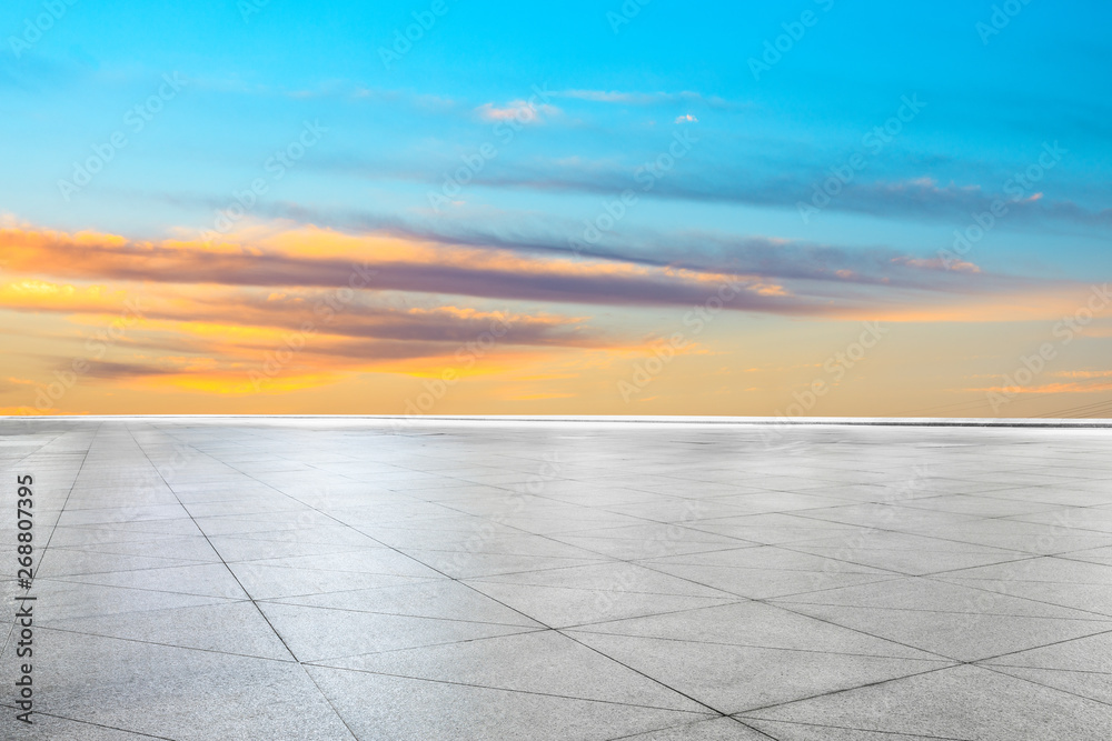 Empty square floor and beautiful sky at sunrise