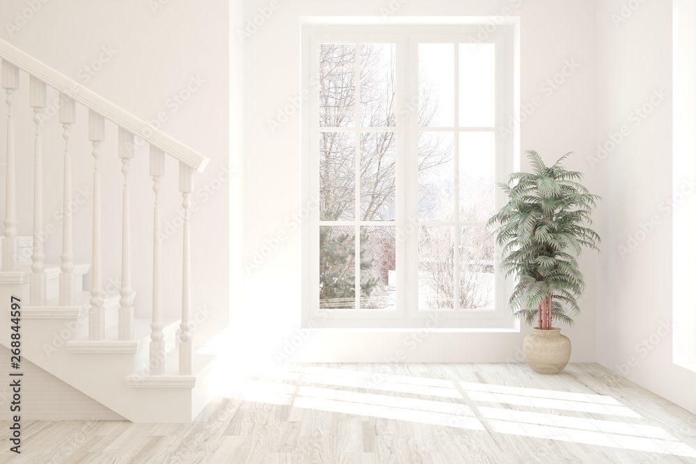 Mock up of empty room in white color with winter landscape in window and stair. Scandinavian interio