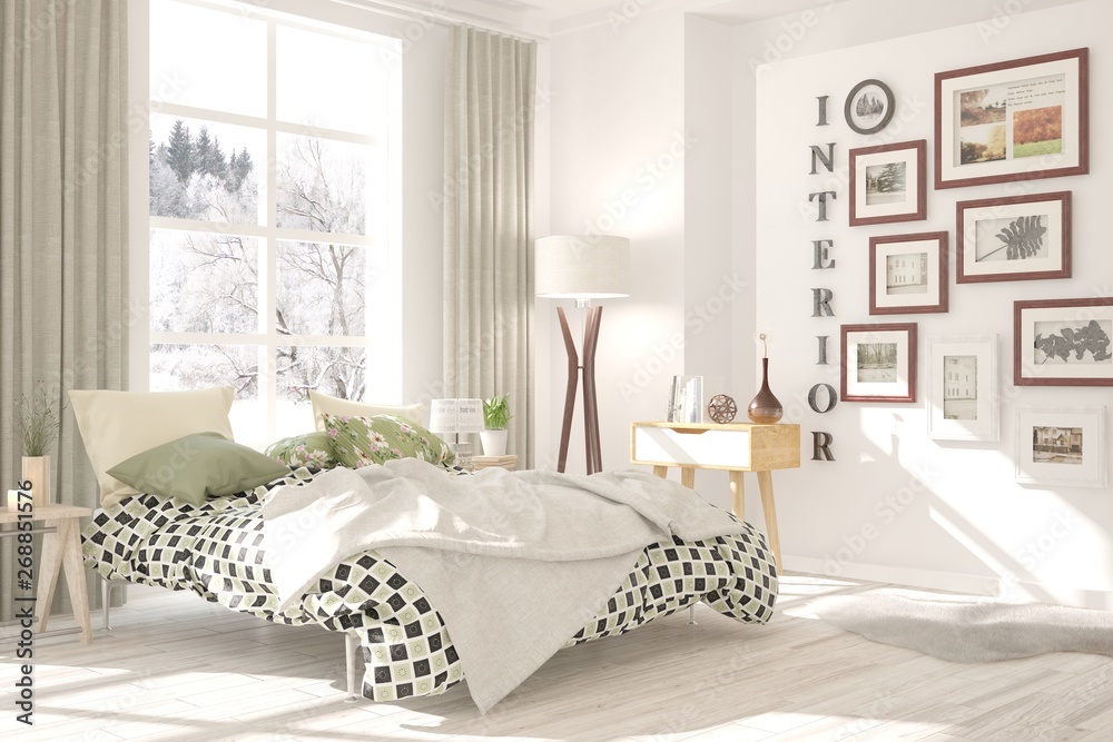 Stylish bedroom in white color with winter landscape in window. Scandinavian interior design. 3D ill