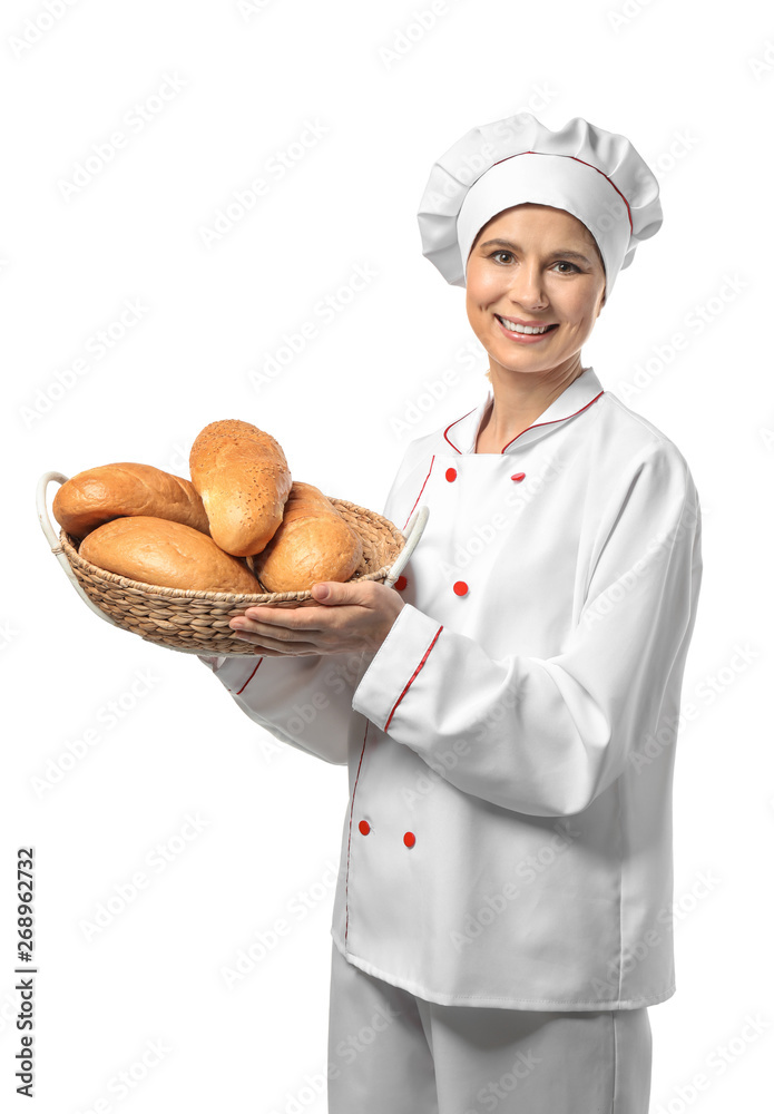 Female baker with bread on white background