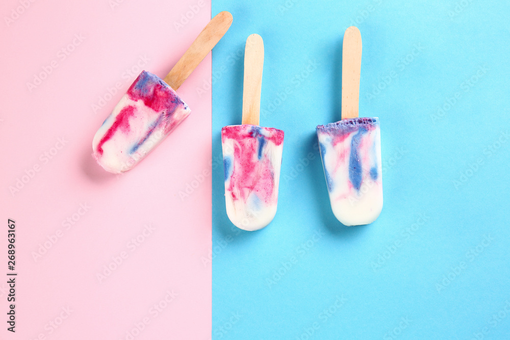 Tasty ice cream on color background