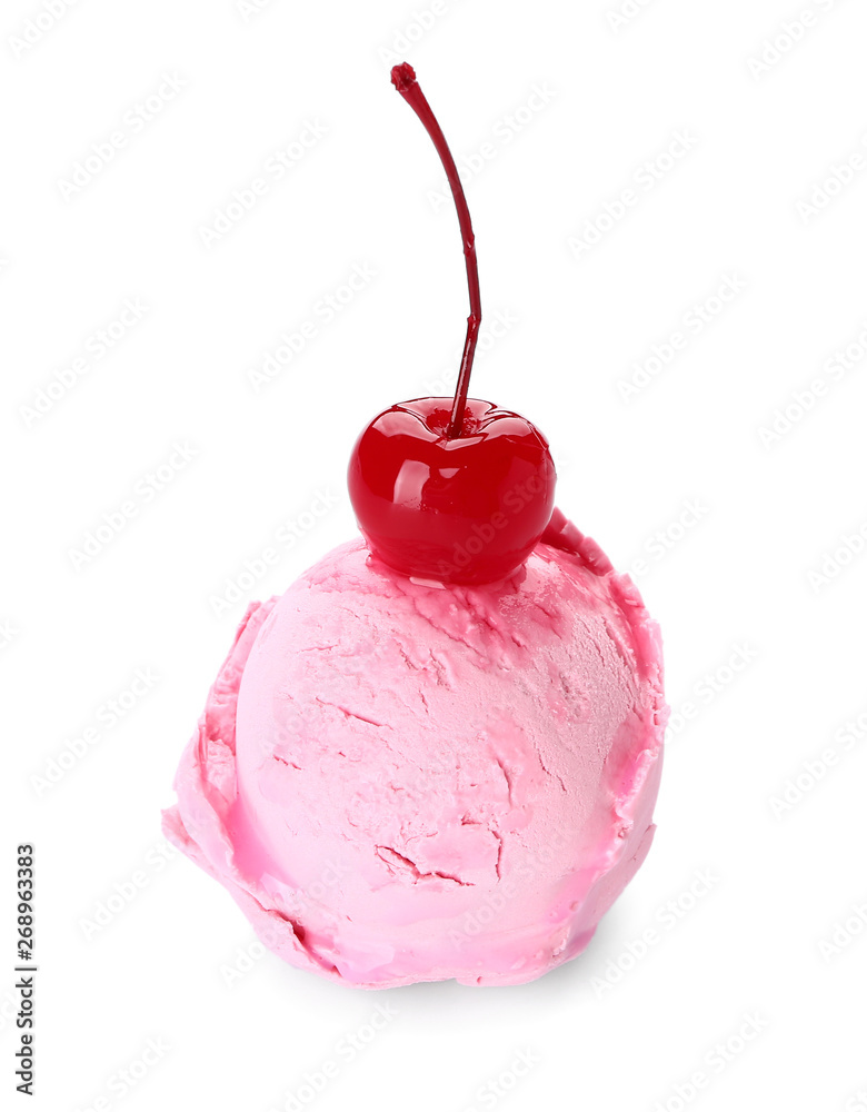 Tasty cherry ice cream on white background