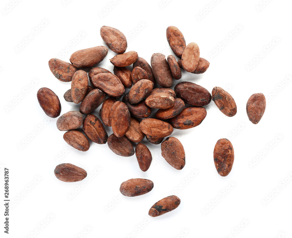 Cocoa beans on white background