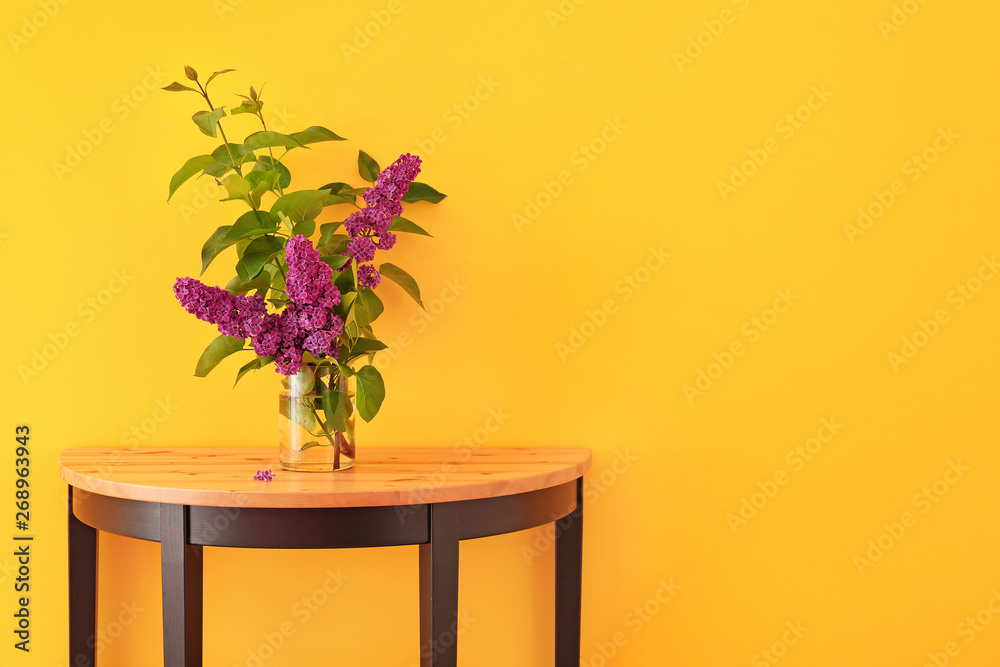 Beautiful lilac flowers in vase on table against color background