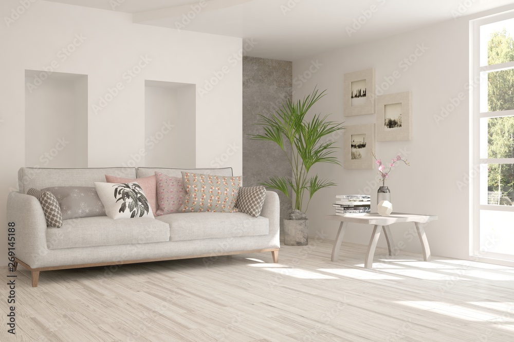 Stylish room in white color with sofa. Scandinavian interior design. 3D illustration