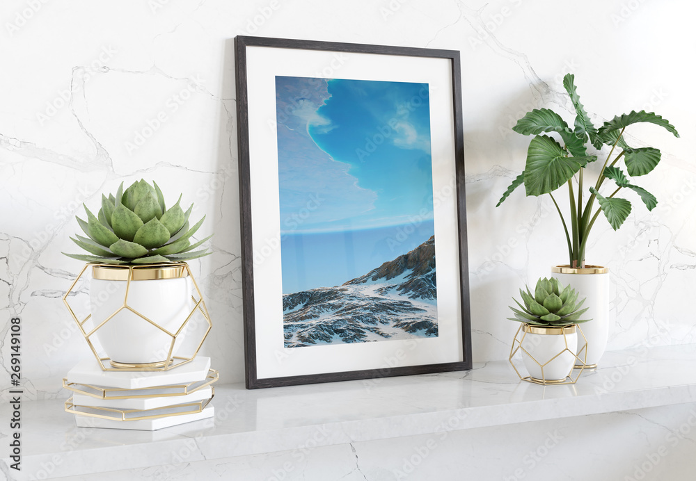 Black frame leaning on white shelve in bright interior with plants and decorations mockup 3D renderi