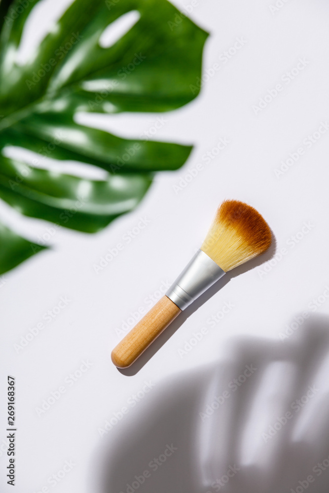 makeup brush and monstera leaves on a white background