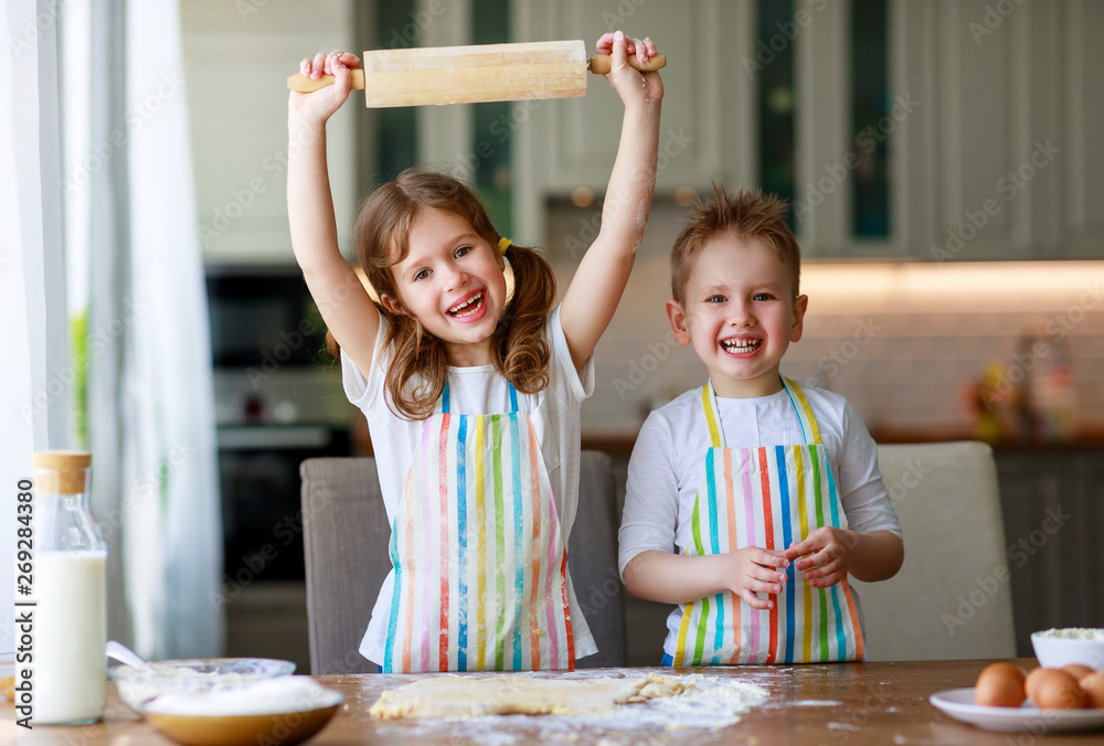 happy family funny kids bake cookies in kitchen..