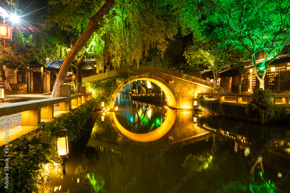 Beautiful Night View of Zhouzhuang, an Ancient Town in Jiangsu Province