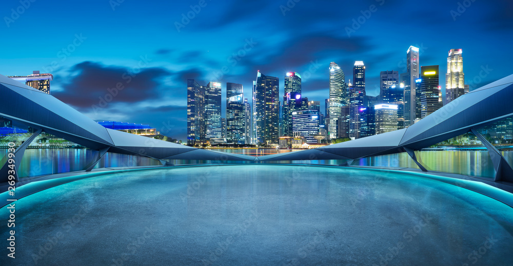 未来主义几何形状的全景设计与新加坡城市天际线的空地板。夜晚