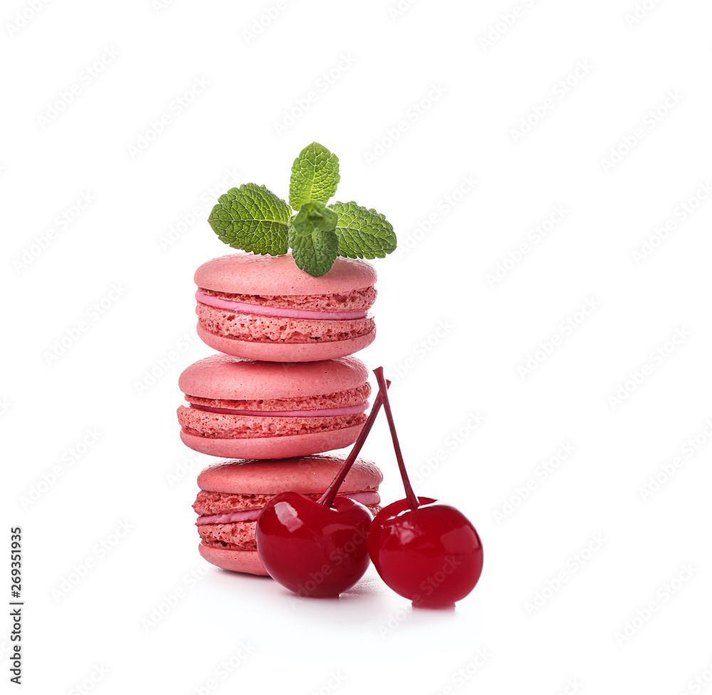 Tasty macarons on white background