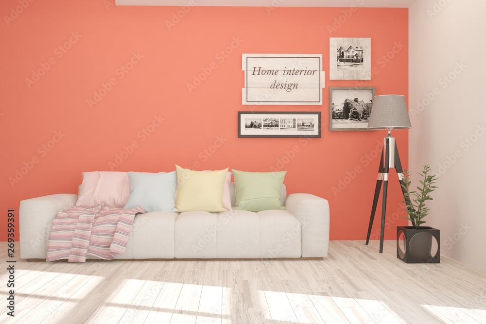 Stylish room in coral color with sofa. Scandinavian interior design. 3D illustration