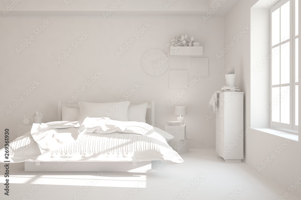 Modern bedroom in white color. Scandinavian interior design. 3D illustration