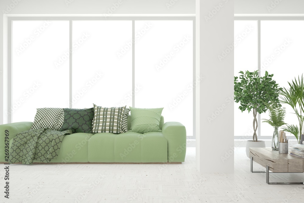 Stylish room in white color with sofa. Scandinavian interior design. 3D illustration