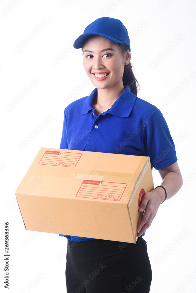 Beautiful young woman in blue uniform of delivery service, online shopping delivery concept