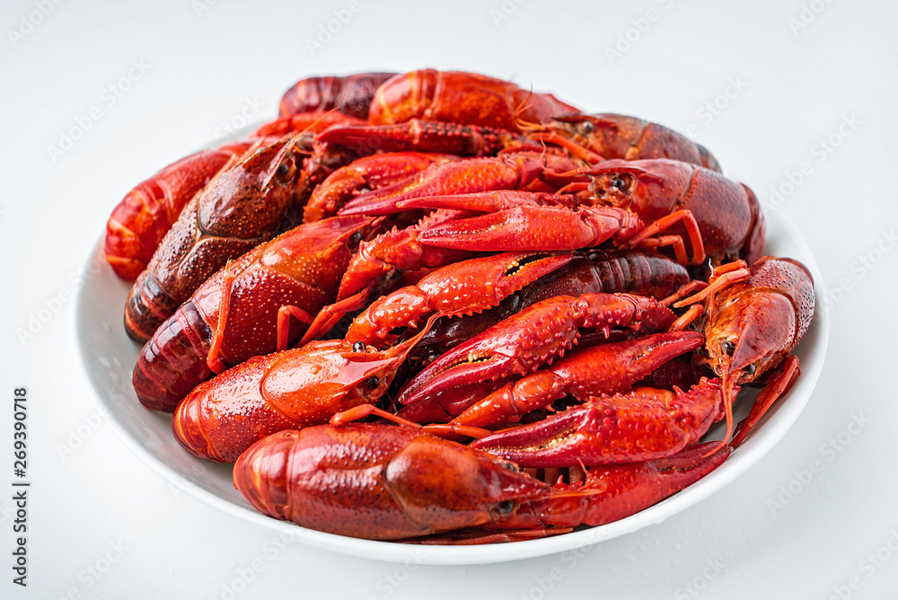 Delicious boiled crayfish on a saucer on a white background