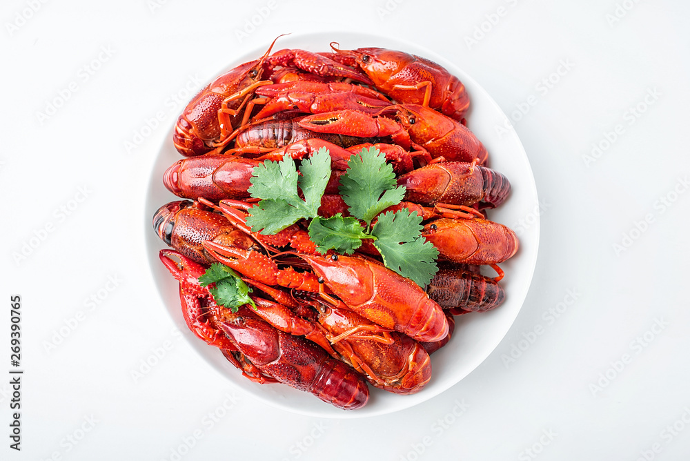 Delicious boiled crayfish on a saucer on a white background