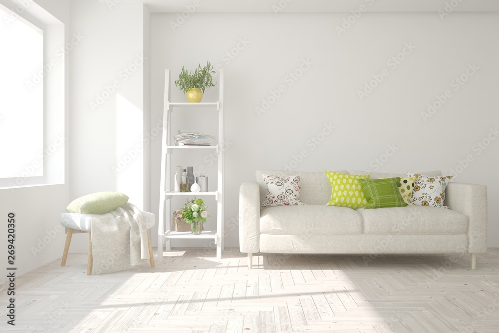 Stylish room in white color with sofa. Scandinavian interior design. 3D illustration