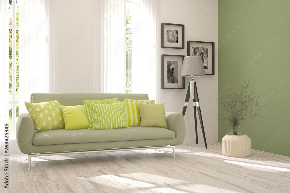 Stylish room in white color with sofa. Scandinavian interior design. 3D illustration