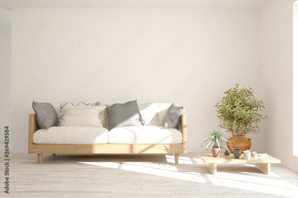 Stylish room in white color with sofa. Scandinavian interior design. 3D illustration