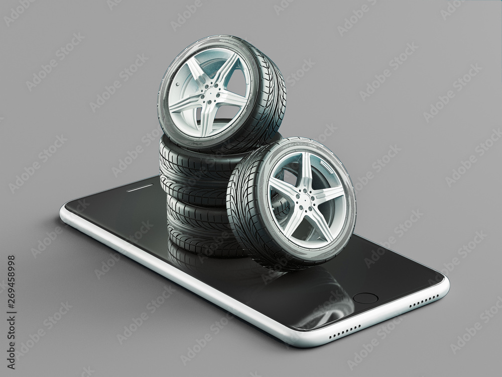 Order tires on line, 3d rendering