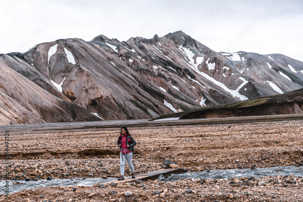 旅行者在欧洲北欧冰岛高地的Landmannaulaugar超现实自然景观徒步旅行。