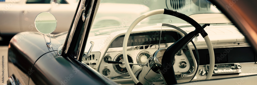 Interior of a classic American car, old vintage vehicle