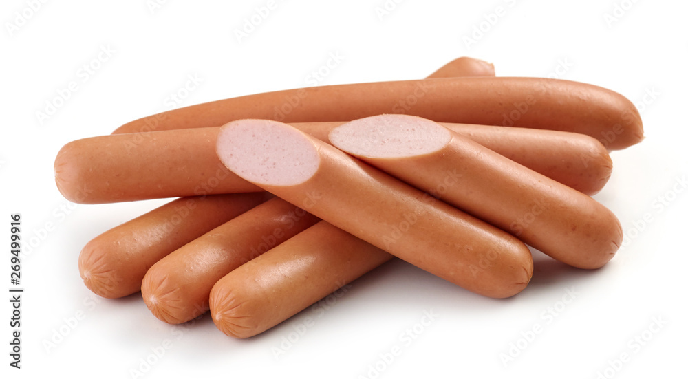 fresh boiled sausages on white background