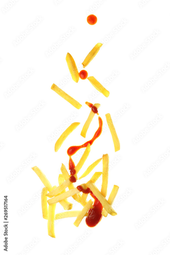 Tasty french fries with tomato sauce on white background