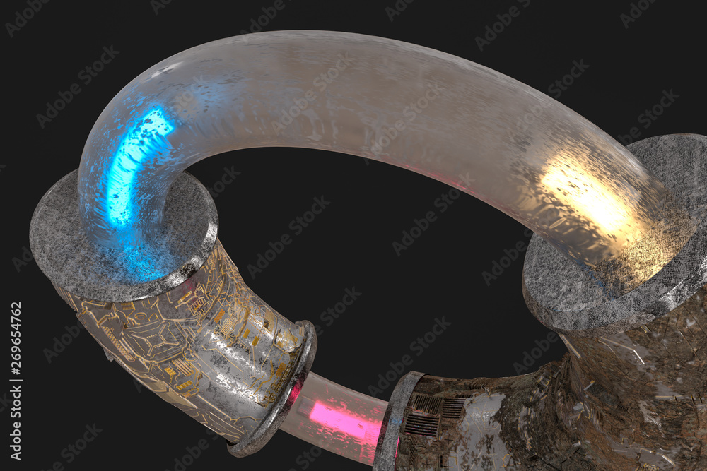 3d rendering, scientific mechanical ring in the outer space.