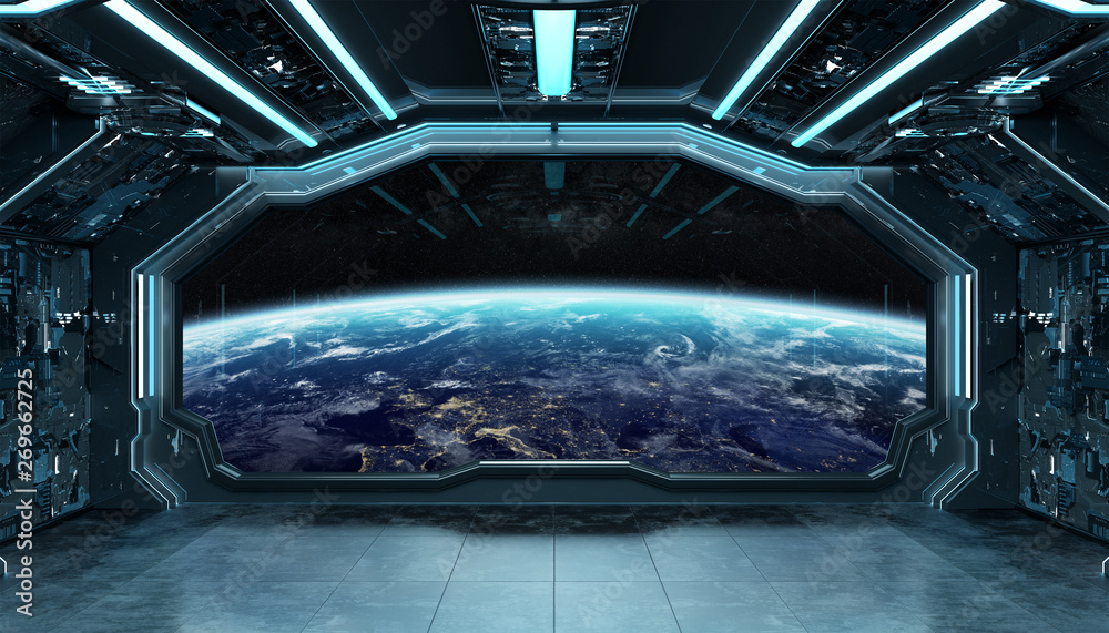 Dark blue spaceship futuristic interior with window view on planet Earth 3d rendering