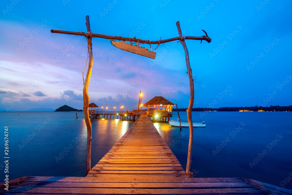 Wooded bridge in Koh Nak with sunset sky