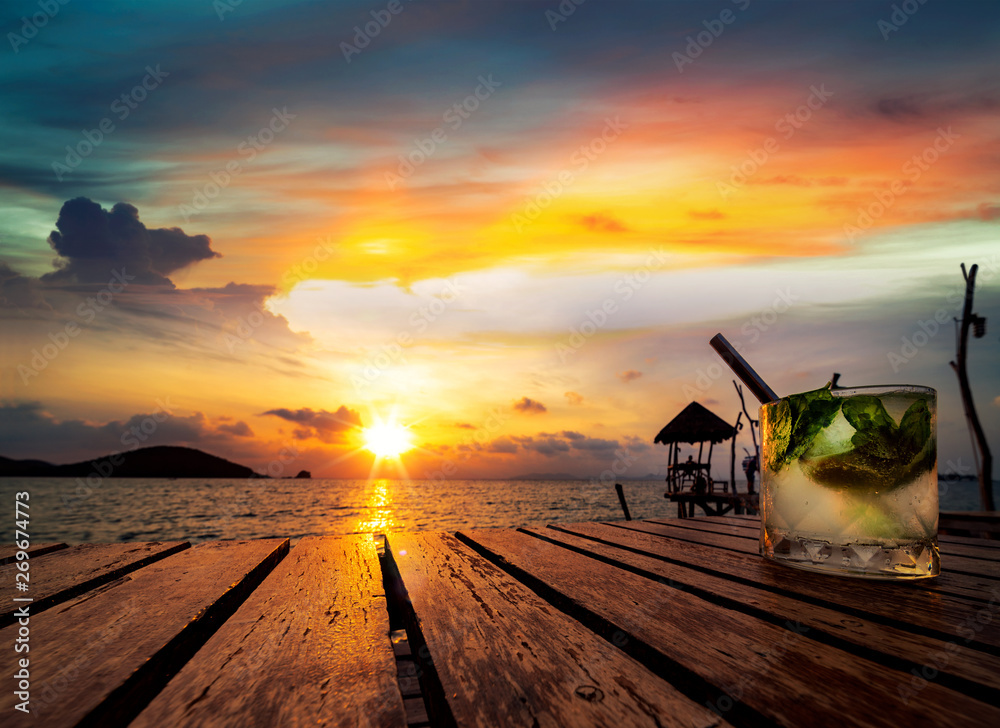 Mojito drinking with sunset in Koh Mak resort