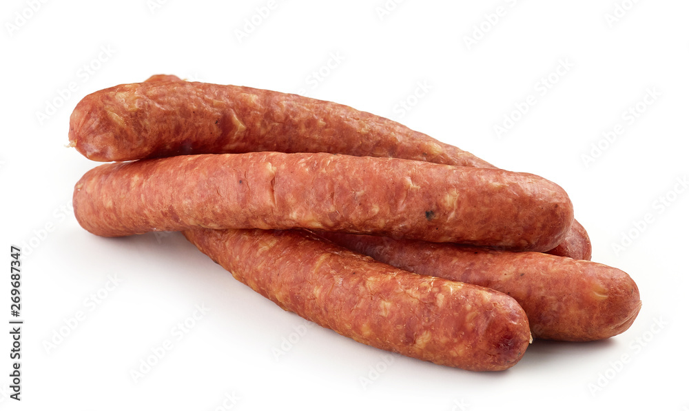 smoked sausages on white background