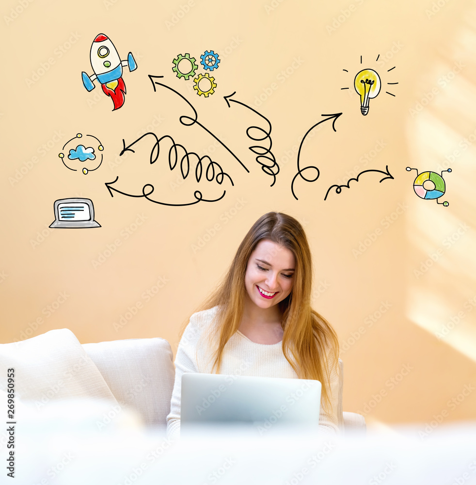 Direction arrows with young woman using her laptop computer at home