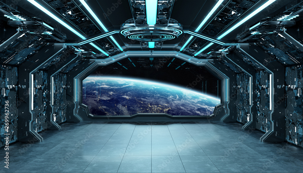 Dark blue spaceship futuristic interior with window view on planet Earth 3d rendering