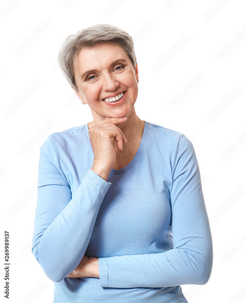 Portrait of beautiful mature woman on white background