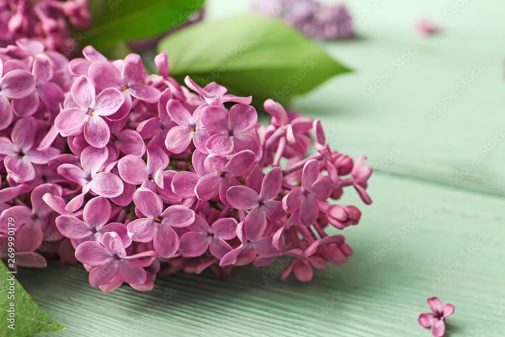 Beautiful lilac flowers on wooden background