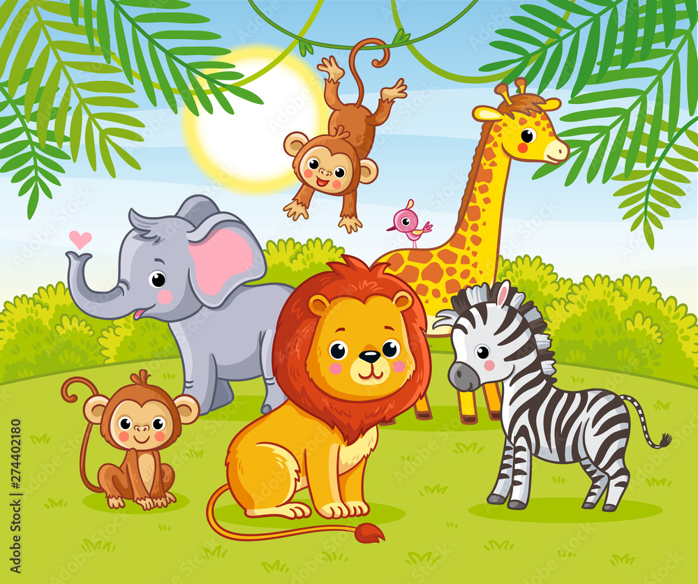 Cute African animals in the jungle. Animals in the green jungle