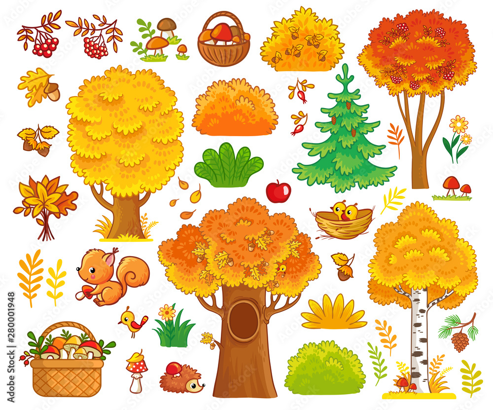 Vector set with trees and forest animals. Collection of autumn trees