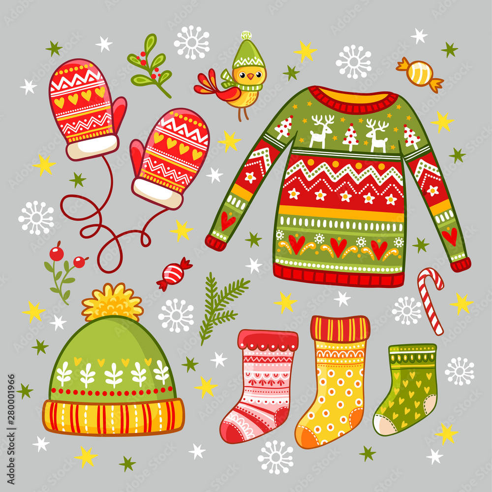 Vector set with winter new year clothes. Winter things in cartoon style on a Christmas theme.