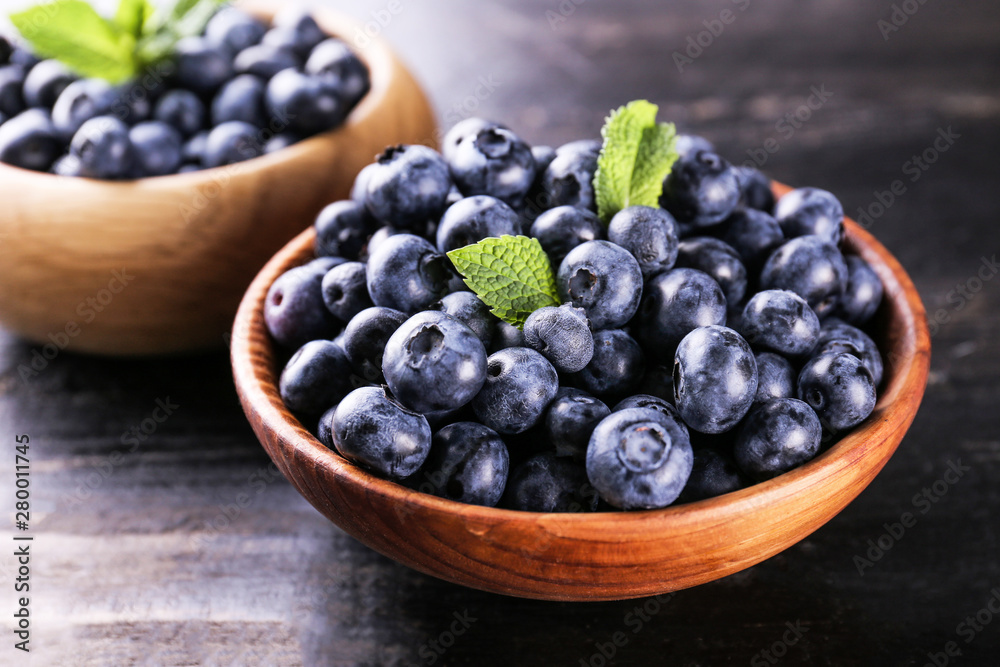 Perfectly ripe freshly picked local produce blueberries. Close up, copy space for text, top view, ba