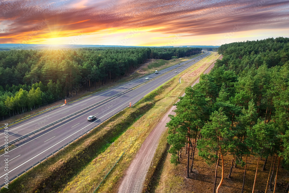 Aerial view of the highway in Poland at sunset